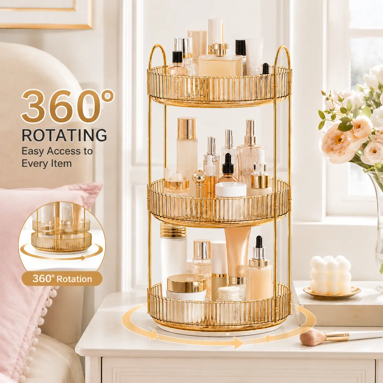 Raybee 360 Rotating Makeup Organizer, Large 2-3 Tier Acrylic Cologne Perfume Holder for Vanity Countertop,Dorm, Steady Lazy Susan Cosmetics Storage Organizer, Space Saving Fragrance Display Tower for Figures Lipsticks Brushes, Perfect Gift for Women Men