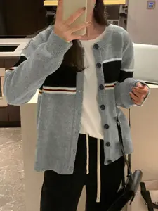 Women's Retro Sweater Coat - Korean-Style Lazy-Style Designer Patchwork Striped Knit Cardigan Top