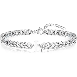 Valentines Day Gifts for Him Boyfriend Mens Initial Bracelet Matching Couple Bracelets, Silver Chain Letter A-Z Stainless Steel Cuban Link Bracelets, Birthday Gifts Men Women Teens Friends