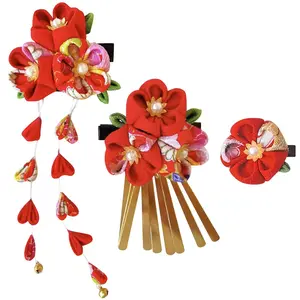 Umibow 3 Pcs Japanese Kimono Flower Hair Clips Tassel Hairpins Japanese Style Traditional Tsumami Kanzashi Hair Barrettes Hair Pin Wedding Hair Accessories for Women