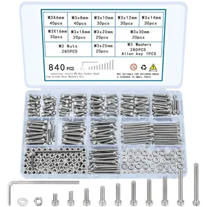 840 count M3 Screws, Nuts and Washers Set - Hex Socket  Cap Screws Kit - Metric  Assortment - Stainless Steel Machine Screws - Fully Threaded Hex Nuts