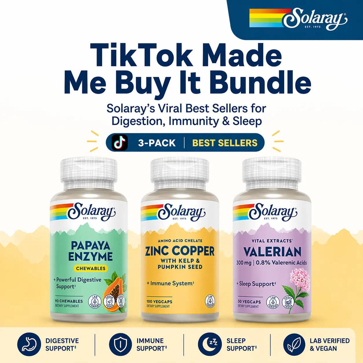 TikTok Made Me Buy It Bundle | Solaray Viral Best Sellers for Digestion, Immunity & Sleep (3-Pack) Papaya Enzyme + Zinc Copper + Valerian Root