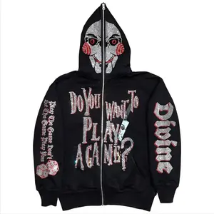 Women's Gothic Hip-Hop Long Sleeve Rhinestone Letter Zip-Up Full-Chain Loose Brand Hoodie - Unisex Womenswear Top Sweatshirt Jacket