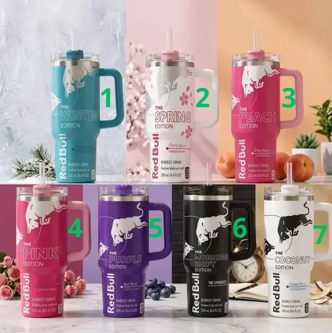 [Energy Drink Collector Edition] Red's Bull's 40oz Tumbler with Handle & Straw, Pink White Black Blue Purple Edition, Stainless Steel Double Wall Vacuum Insulated Travel Mug