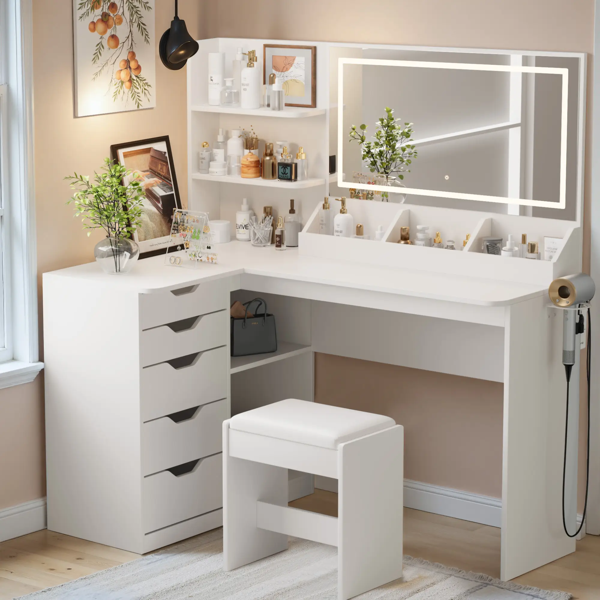 HOMALL L Shaped Vanity Desk Set Corner Makeup Vanity Set with Adjustable LED Lighted Mirror & Power Outlets Dressing Table with Organizers, and Cushio