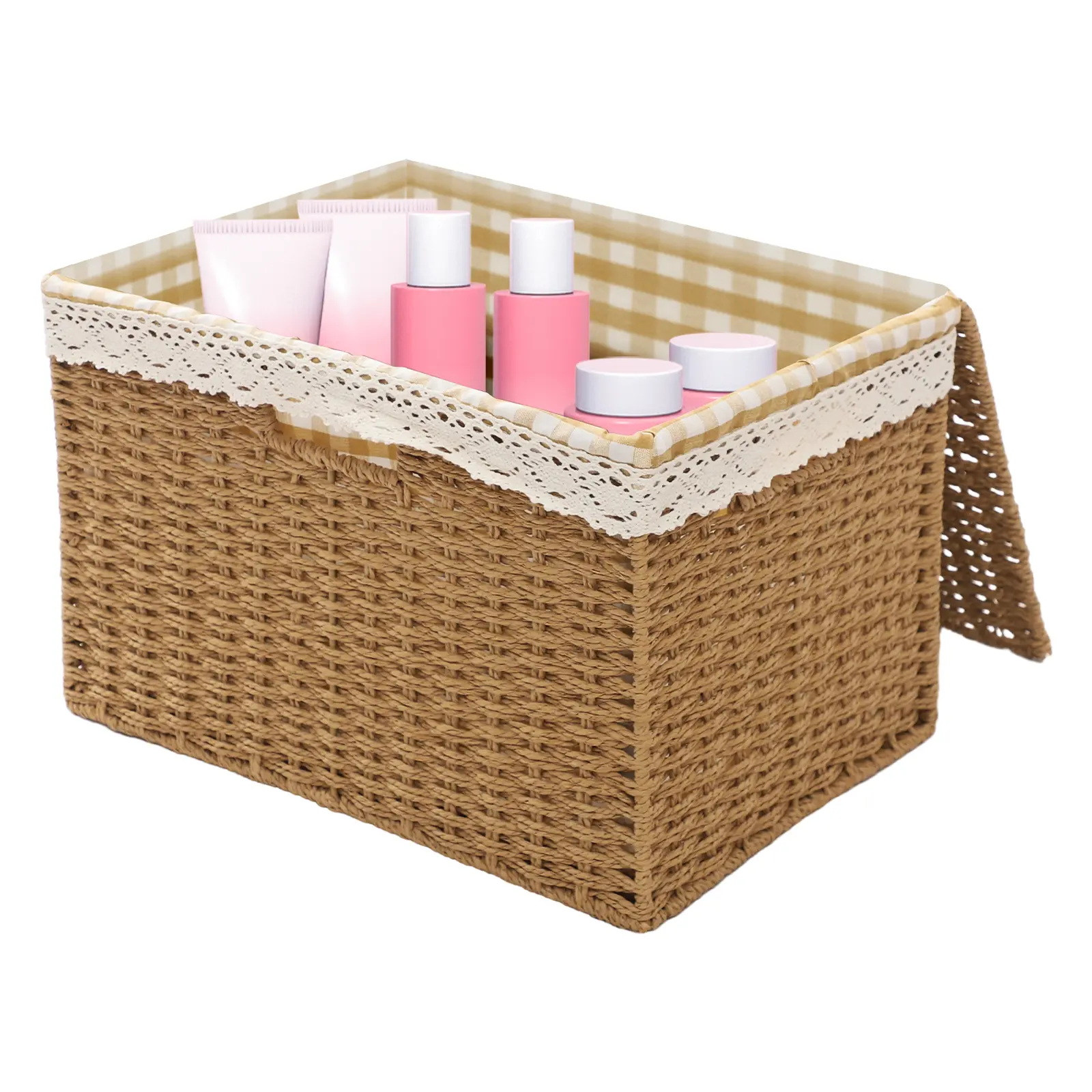 4-Pack Universal Fit Rectangle Stackable Lace-Trimmed Rope-Woven Storage Baskets - Eco-Friendly Natural Paper Rope, Collapsible Cube Organizers, for Closet Clothes, French Country Room Accessories, Four Pieces