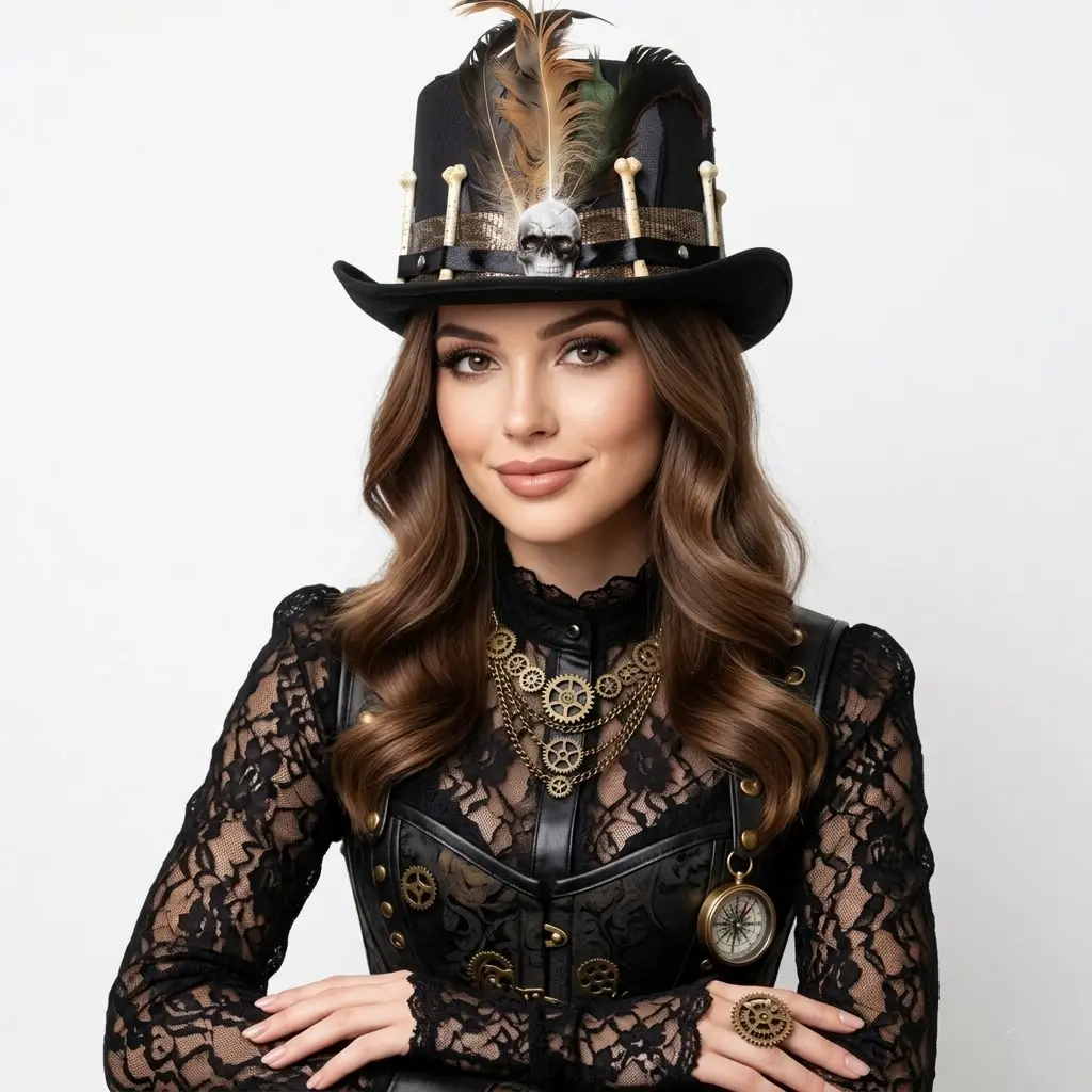 Black Skull Steampunk Victorian Mad Hatter Scientist Time Traveler Top Hat For Halloween