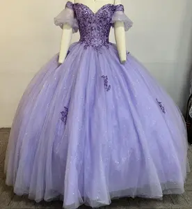(LIVE 26) Quinceanera Ball Gown Dress Glitter Tulle with Off-Shoulder Design, Waist Clinking, and Light Tulle Skirt