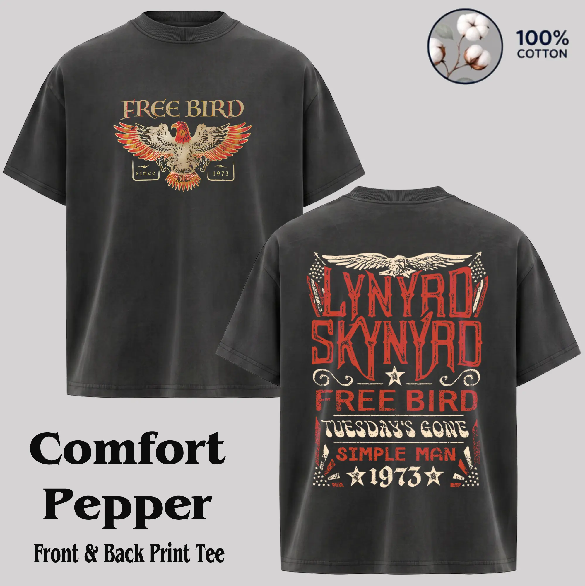 Men's Retro Lynyrd Skynyrd Short-Sleeve Round Neck T-Shirt, Vintage Washed Cotton Graphic Tee, 90s Grunge Aesthetic Casual Classic Rock Band Merch with Song References