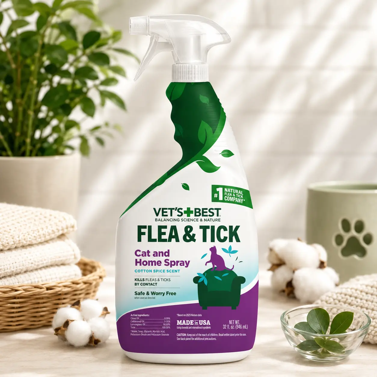 Vet's Best Plant-Based Flea & Tick Indoor Home Spray for Cats, Cotton Spice Scent, 32 oz - Kills Fleas & Ticks on Contact, Gentle Cat Home Treatment