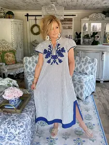 Blue Stripe Midi Dress with Lace Trim