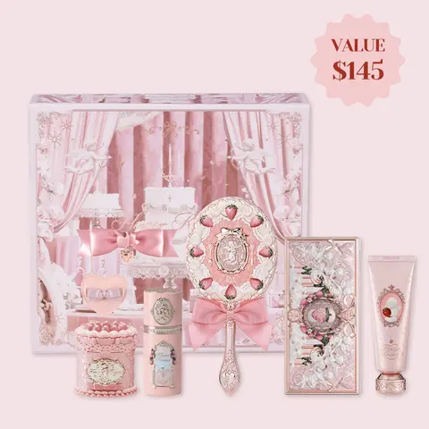 Flower Knows Pink Sweetheart Set, Hydrating Full Face Makeup Kit, Multi-Pack with Blush, Eyeshadow Palette, Powder, Powder Puff, Cosmetic Tools, Lipstick, Limited Edition Gift for Adults, Maquillaje para Mujer, #sohochic, Ideal for Christmas gift, Black F