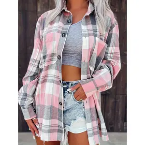 Checkered Printed Minimalist Shirt, Casual Button Up Front Long Sleeved Shirt, Women'S Clothing