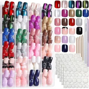 FANDAMEI Press on Nails, 24 Colors 576PCS Short Press on Nails, Cat Eye Nails Short Round. Glossy Glitter Nails Press On French Tip, Natural Fit Lightweight for Christmas Nail Art