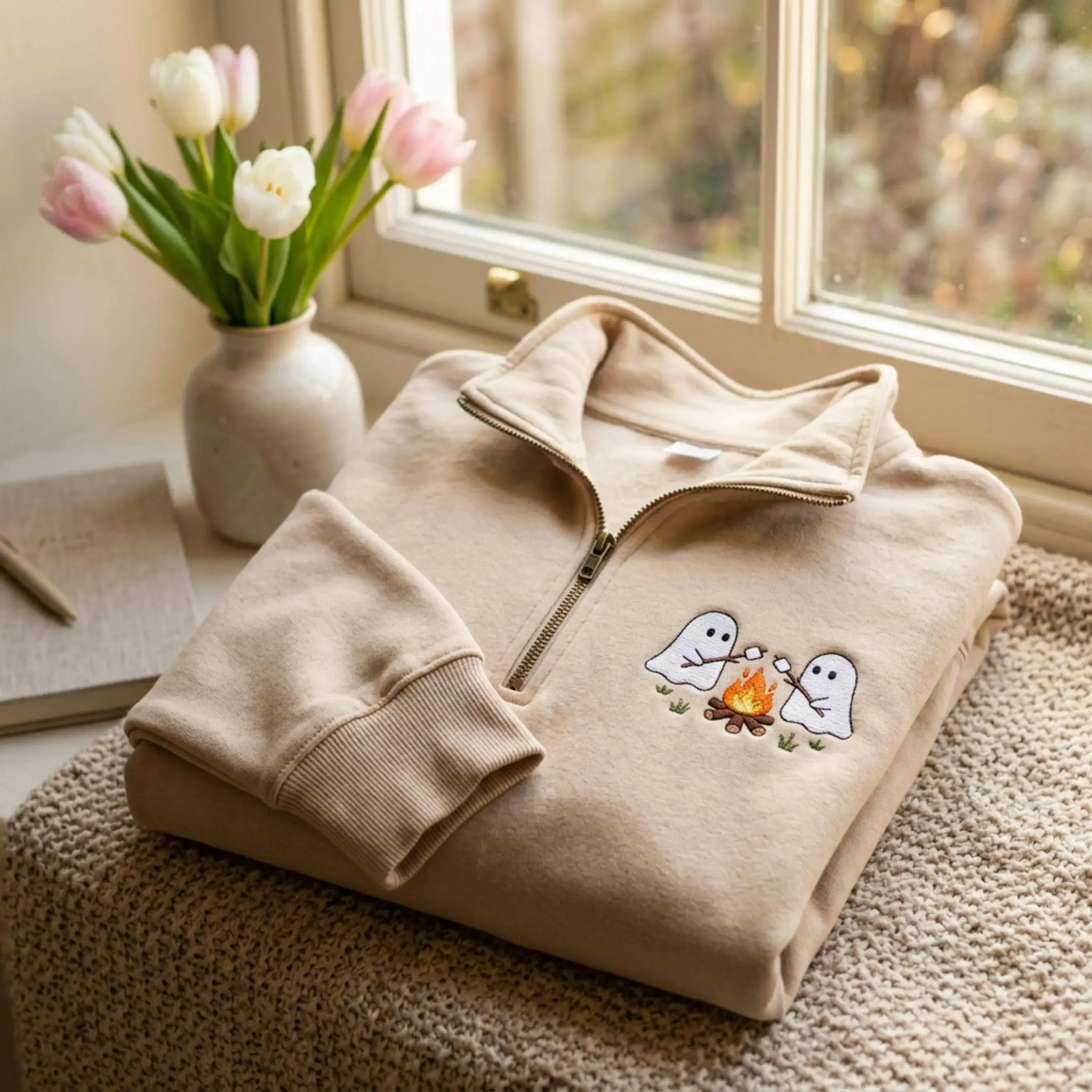 [Made in US] Embroidered Ghosts Camping Quarter Zip Sweatshirt, Spooky Season Outdoors Apparel, Vintage Halloween Embroidery