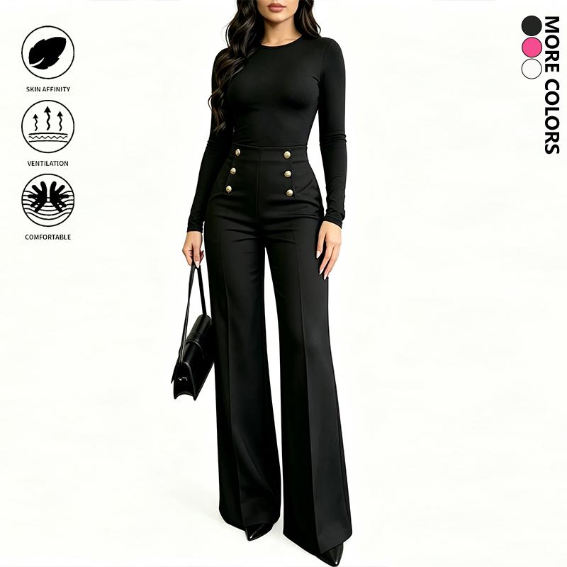 Women’s fashion casual comfortable breathable high-waisted loose wide-leg pants, 1-piece set; solid color elegant straight floor-length pants that flatter the figure, versatile for all seasons; trendy bottoms
