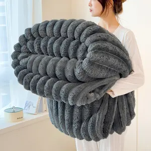 Space Striped Rabbit Fur Blanket, Autumn Winter Thick Warm Soft Skin-Friendly, Multiple Sizes and Colors, Minimalist Style, Fluffy Blanket