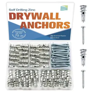 Zinc Heavy Duty Self-Drilling Drywall Anchor Kit - 50 Metal Anchors with 50 #8 x 1-1/4" Screws, Total 100 count