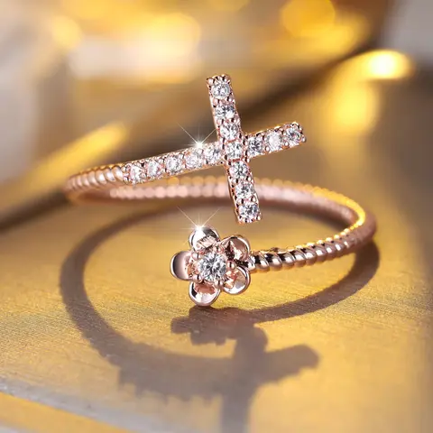 Fashion Cross Flower for Women, Synthetic Zircon Adjustable Open Design Stackable Finger Rings, Perfect for Daily Wear, Birthday & Anniversary Gift for Her, Fashionable Jewelry