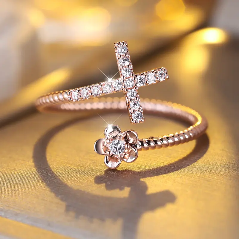 Fashion Cross Flower for Women, Synthetic Zircon Adjustable Open Design Stackable Finger Rings, Perfect for Daily Wear, Birthday & Anniversary Gift for Her, Fashionable Jewelry
