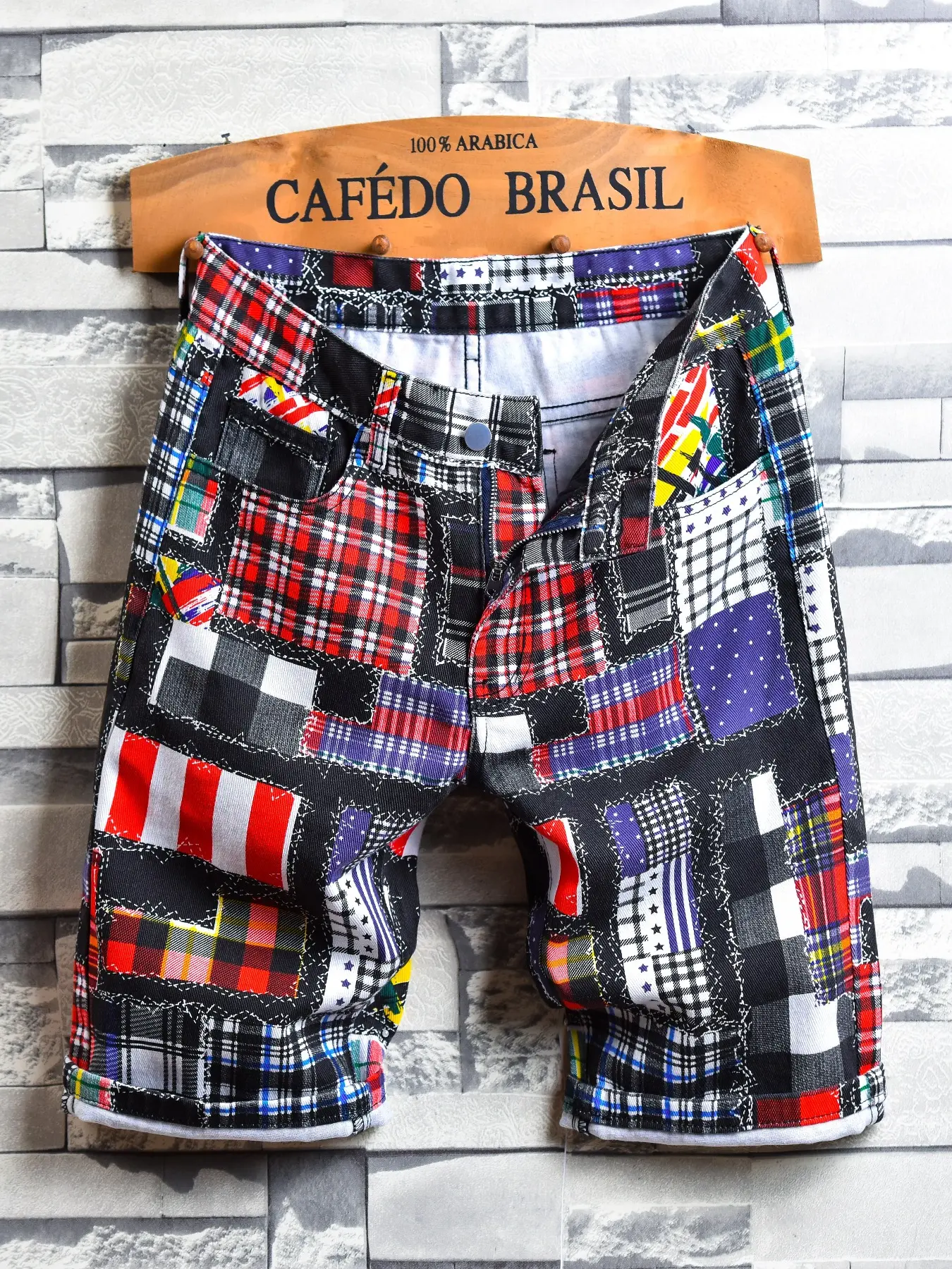 Men's Vintage Patchwork Plaid Shorts, Grid Pattern Denim Shorts, Summer Style Tropical Casual Pants, Fashionable Men's Clothing, Menswear