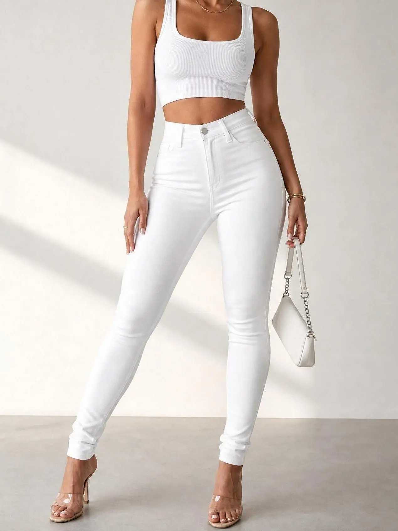 Women’s High Waisted White Skinny Jeans, High Stretch Slim Fit Denim Pants with Pockets, Ankle Length Casual Jeans for Work, Going Out, Vacation and All Season Wear Fabric Breathable
