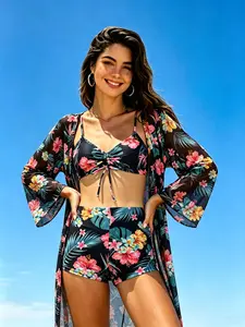 New Women's Two-Piece Swimsuit Set, Fashionable Print Halter Top & High-Waisted Briefs, Comfortable Beachwear for Summer, Floral Print Bikini