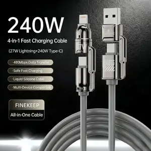 240W 4-in-1 Fast Charging Cable - USB-A, Type-C, Lightning Interfaces, 480Mbps Data Transfer, Liquid Silicone, Zinc Alloy Connector, 99% Compatibility for Electronic Devices (iPhone, Android, Laptops)