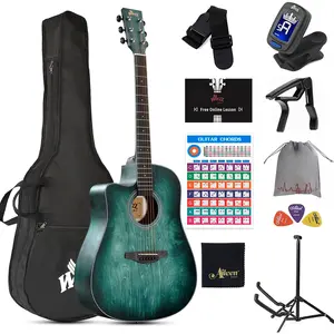 HAND RUBBED Series - Left Handed 41 Inches Cutaway Acoustic Acustica Guitar Beginner Starter Bundle with Online Lessons, Padded Bag, Stand, Tuner, Capo, Chords, Strap, Picks, Dark Hunter Green