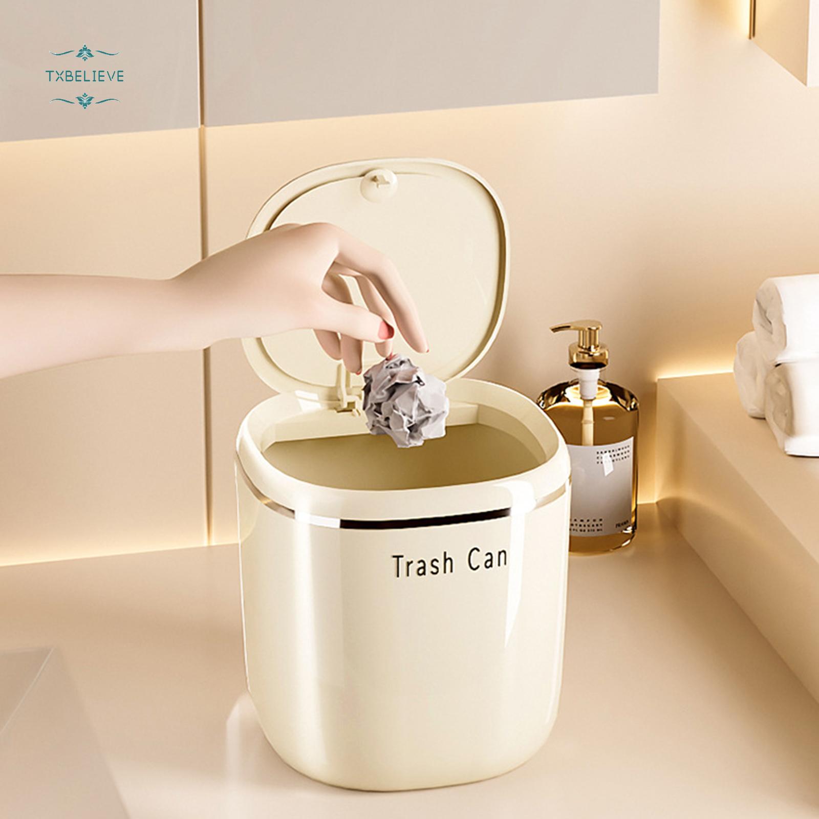 Small Cream/Black Flipping Lid Trash Can for Desk Organization in Dorm and with Space Saving