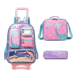 Rolling Backpack for Girls with Wheels Elementary School Bag Lunch Box Pencil Case Set for Ages 6-12 Years Old Mermaid Design