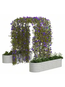 Galvanized Steel Raised Garden Bed Kit With 89" Rust-Proofs Trellis Arch - 2 In 1 Vertical Gardening System For Climbing Plants & Flowers | Heavys-Duty Outdoor Planter Box Tool-Free Assembly(Beige)