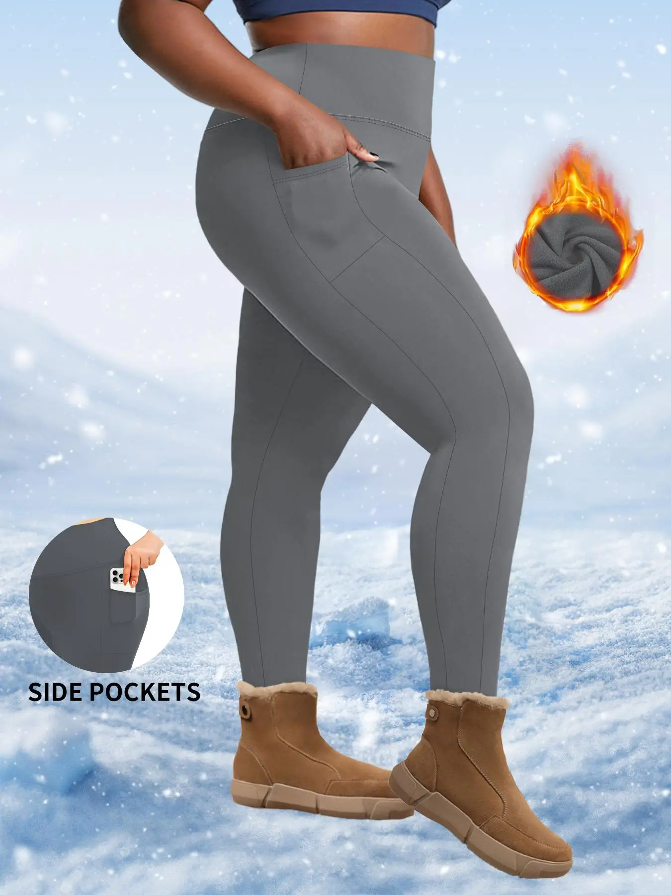 Plus Plain Dual Pocket High Waist Wide Waistband Warm Leggings, Casual Comfort High Stretch Skinny Pants for Daily Wear, Belly Tightening Fitness Work