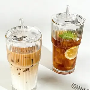 Ribbed Glass Cup Tumbler Mug, Clear Reusable Water Cup Drinkware for Daily Beverages
