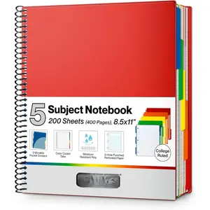 5-Subject Spiral Notebook, College Ruled (Red), Colorful Movable Pocket Dividers with Tabs, Front/ Plastic Covers, 200 Sheets (400 Pages) of 3-Hole Punch Perforated 8.5x11 Paper