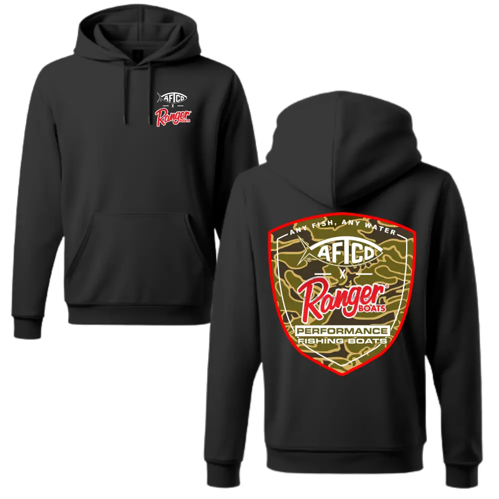 Ranger Boats Performance Fishing Hoodie, Ranger Boats Performance Fishing Sweatshirt, AFCO Camo Graphic Hoodie, Soft Cotton Blend, Outdoor Lifestyle Apparel, Fishing Enthusiast Gift