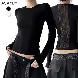 ASANDY Women's Lady Elegant Long-Sleeves Blouse - Q52144 Black Slim-Fit Piece with Lace Back, Sheer Detail, High-Manganese Pickling Collar, Sexy Party Shirts