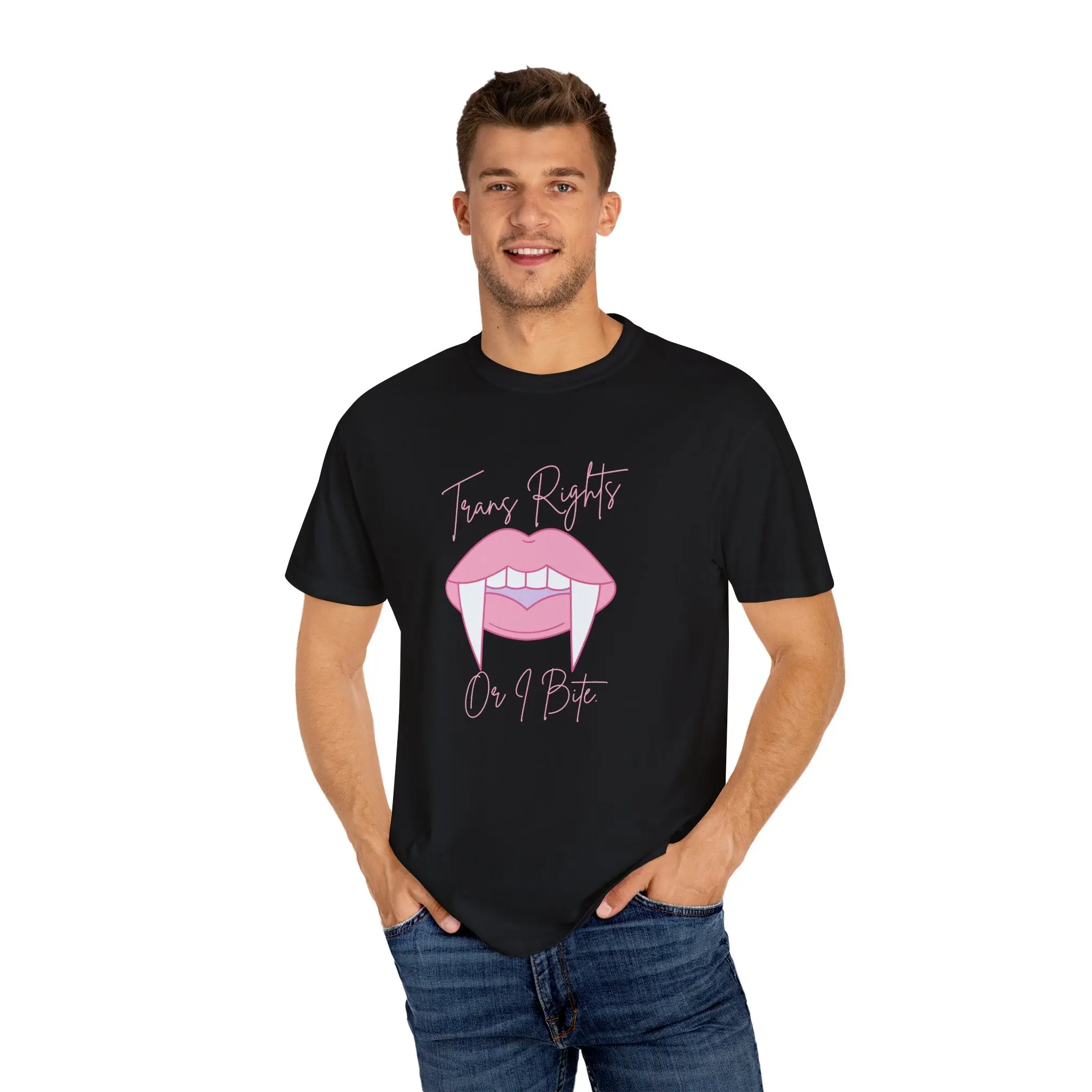 Women's Statement Slogan T-Shirt - "Trans Rights or I Bite" Graphic, Short-Sleeve Round Neck, 100% Cotton Fabric, Unisex Garment-Dye, Streetwear, Double Stitching, Low Iron, No Dry Clean, Halloween Looks, Lg, Shortsleeve, Casual