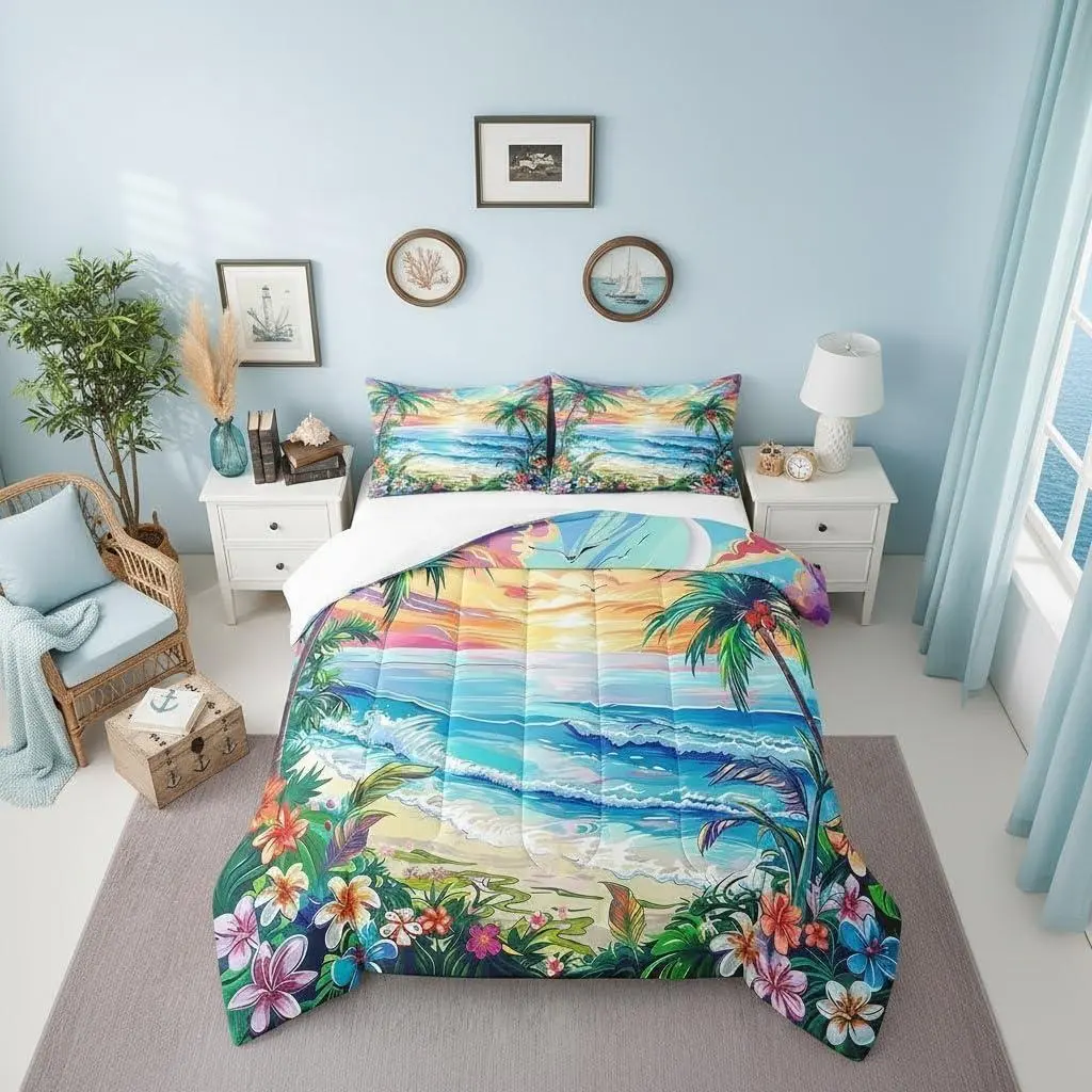 Hawaii Summer Comforter Set Seaside Tropical Flowers Coconut Palm Trees Bedding Set for Boys Girls,Watercolor SunSet,Sky Paint Down Comforter,Orange Blue Green
