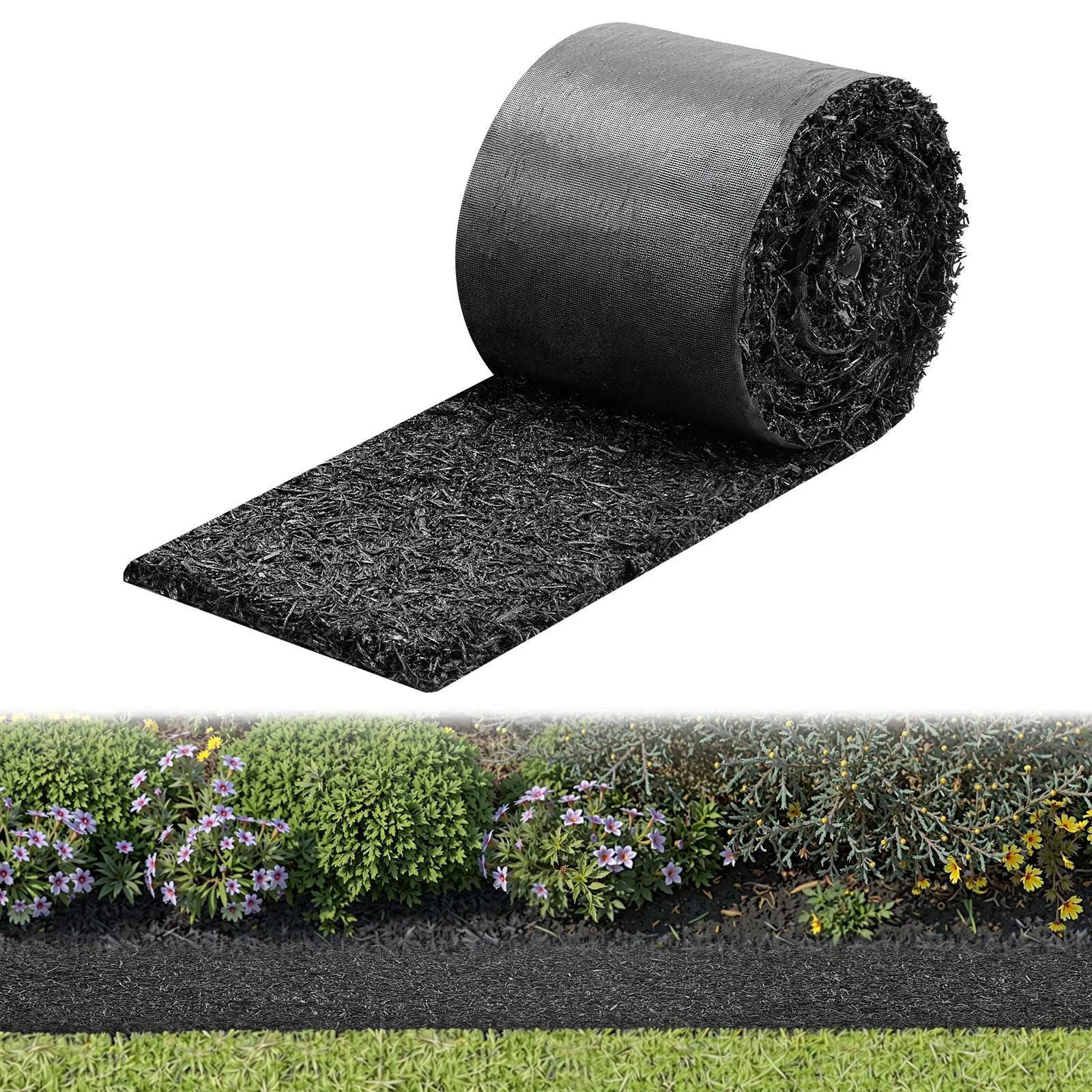 【SummerFinds】VEVOR 1-Pack Recycled Rubber Mulch Mat Roll, 140x4.5in (3560x140mm), 0.5 in Thick Cuttable Edge, 100% Recycled Rubber Fiber, Gardening Ground Cover with Stakes, Blocks Weeds, Breathability, Drainage Aid for Outdoor Landscaping Flower Beds, We