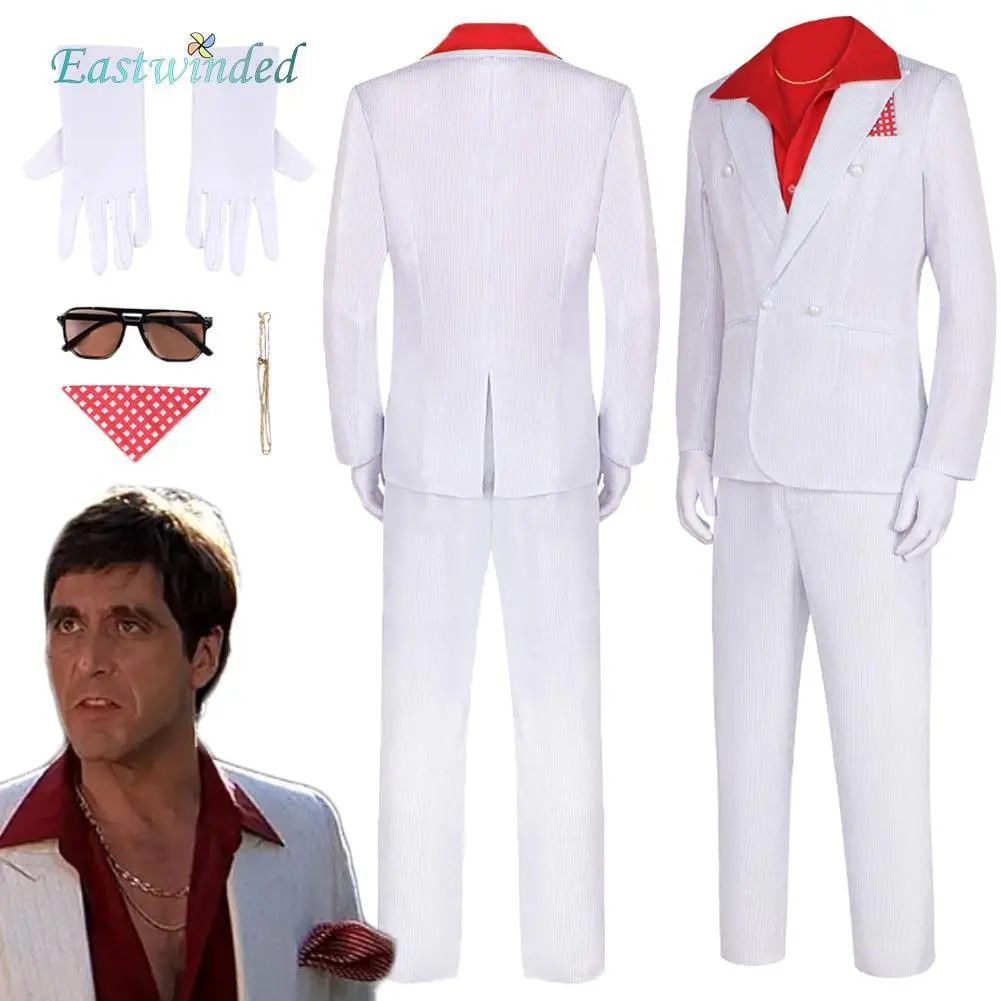 1983 Movie Scarface Al Pacino Men's Cosplay Menswear - White Suit, Red Shirt, Accessories & Outfits for Halloween, Carnival Party Roleplay