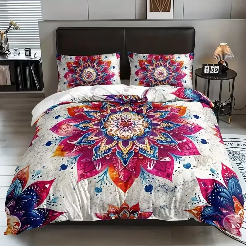 Boho Style Bedroom Bedding Set, Soft Polyester Mandala Flower Quilt Cover, Comfortable 3-Piece Colorful Decorative Sheet, Bedsheet Sets, Floral Bedding Sets
