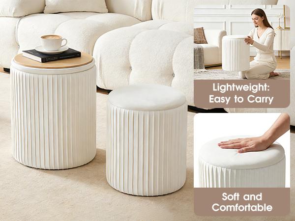 2-Piece Round Storage Ottoman Set - Velvet Vanity Stool with Storage, Green Small Footstool for Bedroom & Living Room, Multi-Use Coffee Table Ottoman, Beige