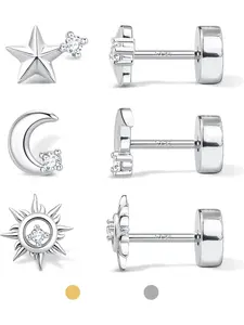 Flat Back Stud Earrings for Women and Men, Hypoallergenic 14k Gold Plated 925 Sterling Silver Post Stud Earring Jewelry Set, Helix Pierced Earring, Gold and Silver Earrings with Screw for Sensitive Ears, Ideal for Helix, Tragus, and Cartilage Piercings