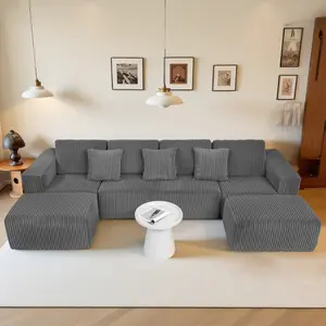 [3 Pack]  Niccae  Modular U-Shaped Sectional Sofa, 132-inch 4-Seater with Reversible Chaise Lounge – Black Striped Corduroy Fabric, Modularly Adjustable for Living Room & Bedroom, Feat. Freely Configurable Layout.