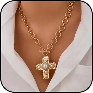 Gold Chunky Cross Necklace for Women Statement Necklace Pearl Cross Pendant Necklace Layered Hammered Bold Cross Necklace Vintage Toggle Clasp Necklace Jewelry