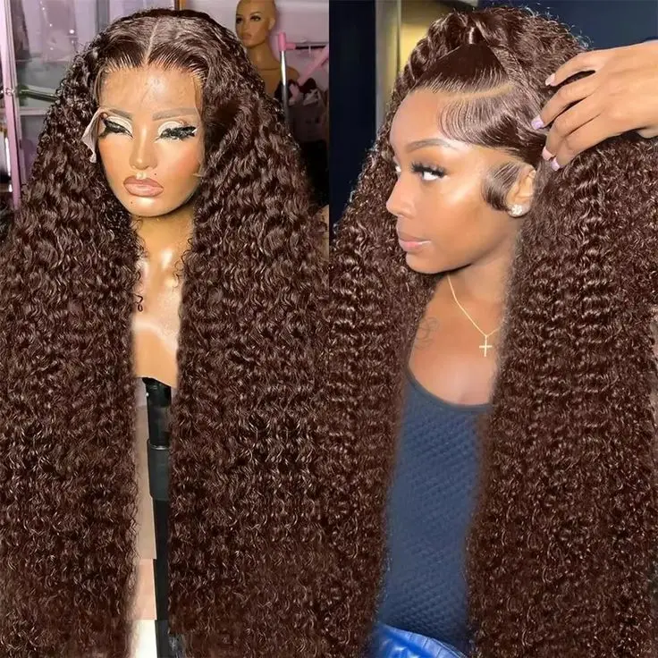 Bling Hair Chocolate Brown Deep Curly Wigs 13x4 13x6 HD Lace Frontal Wig 30 32 Inch Curly Wave Colored Human Hair Wigs For Women