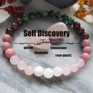 Self Discovery Bracelet Garnet Rhodonite Moonstone Rose Quartz Natural Healing Crystal Gorgeous Stone Gemstone Jewelry Energy Love Girlfriend Boyfriend Souvenir Valentine Anniversary New Year Christmas Halloween Birthday Gift