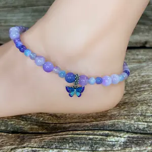 Glowingly Pretty Purple Jade Anklet with Illuminating Butterfly Charm