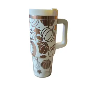 Pumpkin Spice Cream Laser Engraved Tumbler 30oz Double Wall Insulated Mug with Autumnal Pumpkin Design & Copper Accents Reusable Washable Portable Coffee Beverage Tumbler Drinkware Flasks Insulation Water Bottles